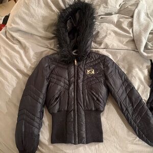 Bebe Black Faux Fur Hood Cropped Puffer Jacket Corset Lace Back Y2K XS